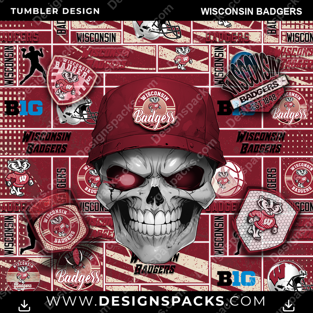 College Sport Skull Wisconsin Badgers NCAA Tumbler Digital Wrap Design Download