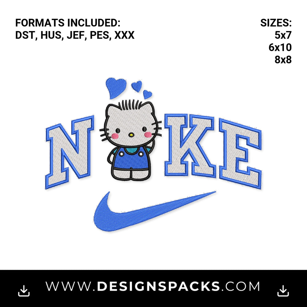 Cute Blue Kitty Nike Swoosh Embroidery Design - Instant digital download pattern at Designspacks.com