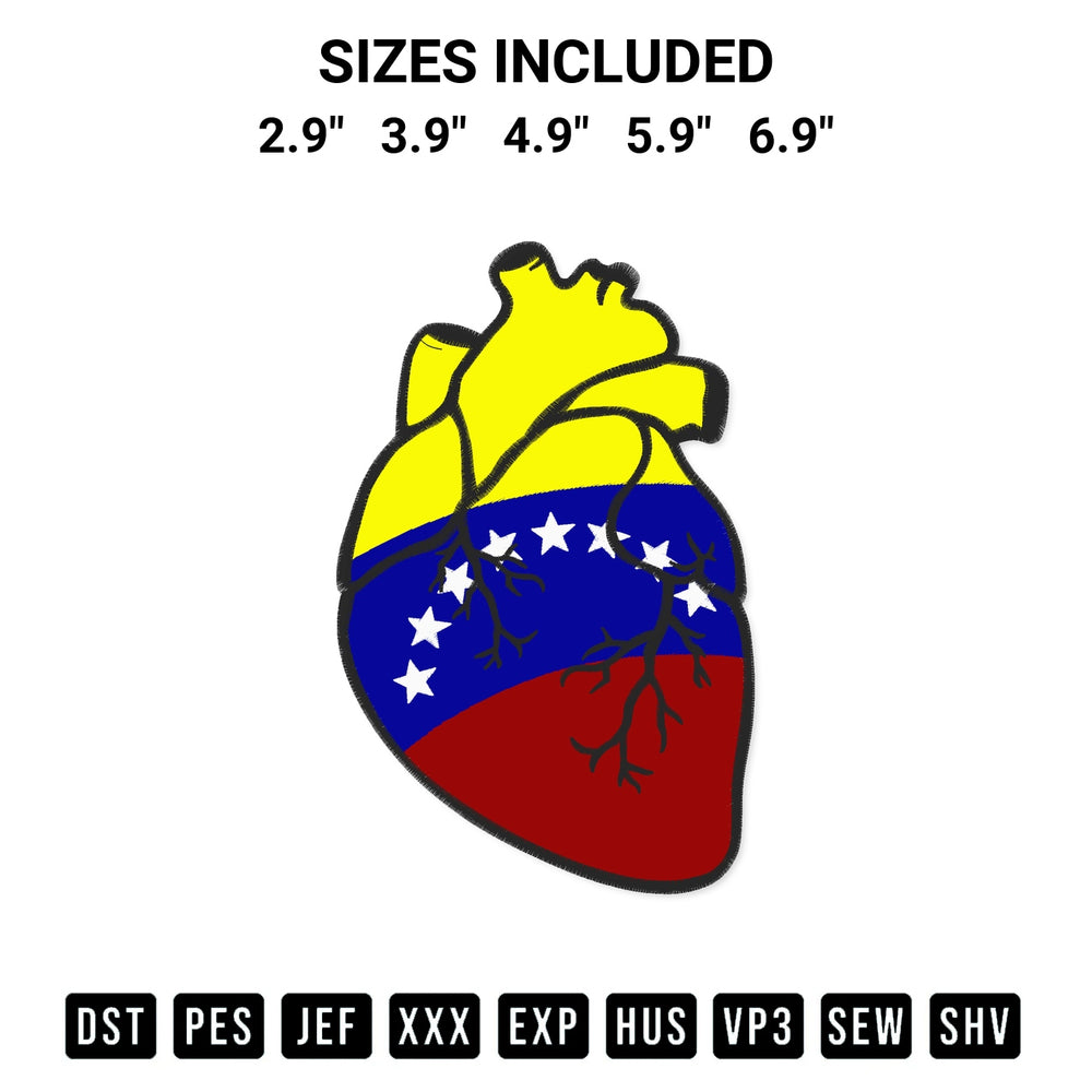 Get the Heart Flag Venezuela Embroidery Design embroidery design for your custom crafts! Premium digitized files available for instant download at Designspacks.com. Available sizes: 2.9", 3.9", 4.9", 5.9", 6.9".