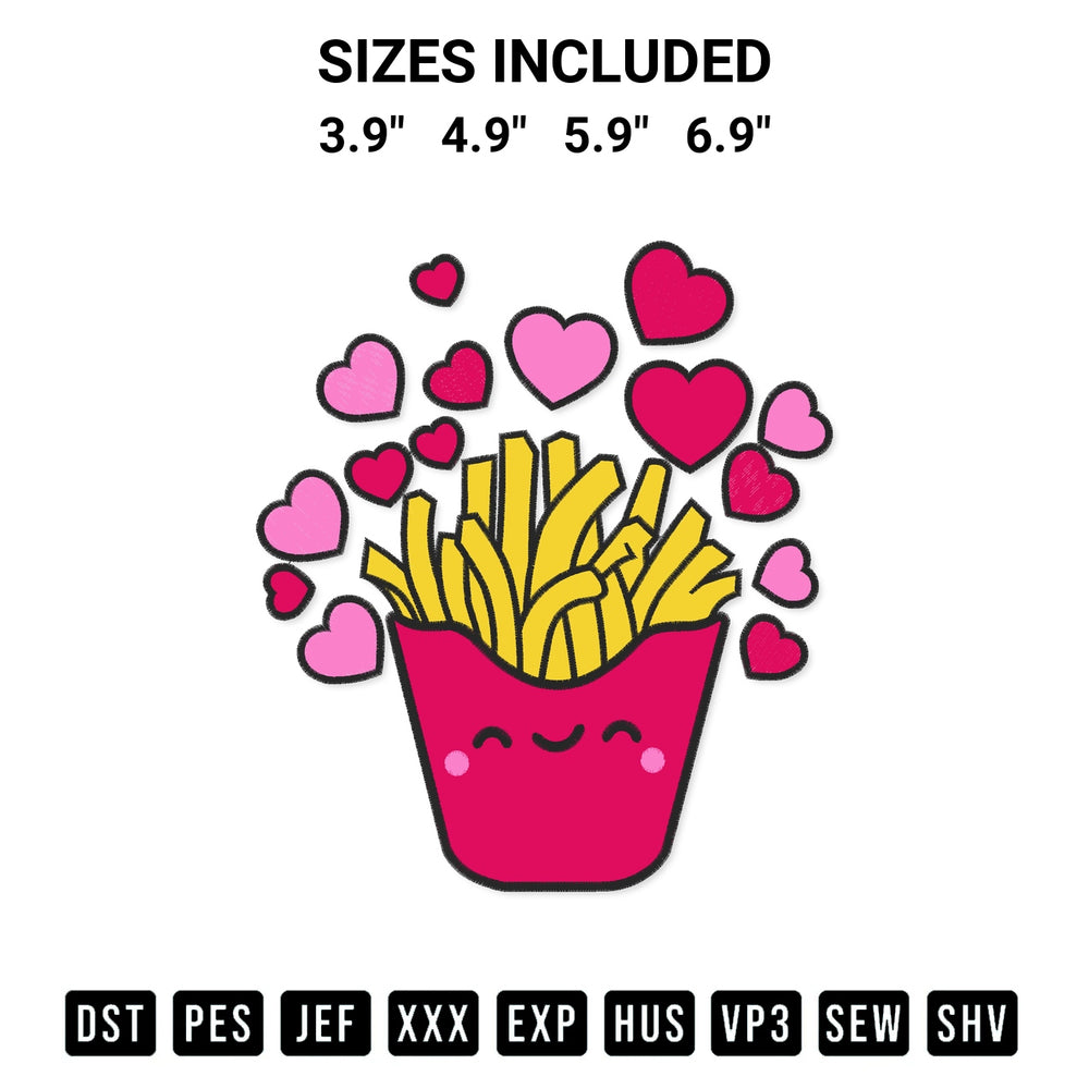 Transform your fabrics with the Valentine Fries Embroidery Design embroidery design. Instant access to premium digitized patterns at Designspacks.com. Available sizes: 3.9", 4.9", 5.9", 6.9".