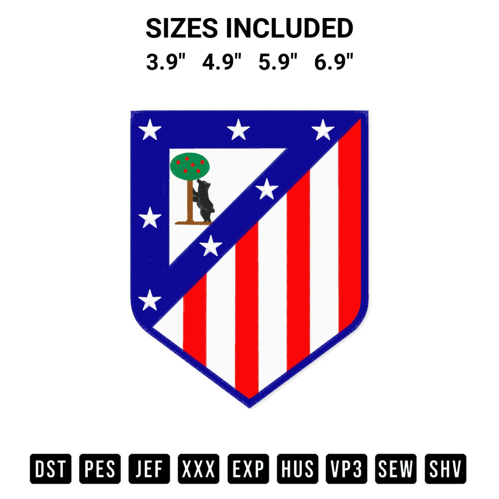 Shop the Atletico Madrid Football Club Embroidery Design machine embroidery pattern at Designspacks.com. Beautifully digitized for flawless stitching on any fabric. Available sizes: 3.9", 4.9", 5.9", 6.9".
