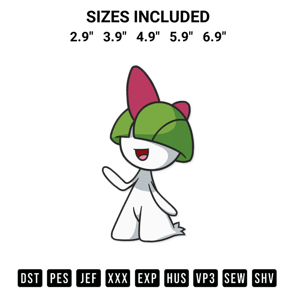 Shop the Ralts Pokemon Embroidery Design machine embroidery pattern at Designspacks.com. Beautifully digitized for flawless stitching on any fabric. Available sizes: 2.9", 3.9", 4.9", 5.9", 6.9".