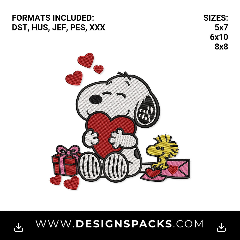 Snoopy and Woodstock Valentine Heart Embroidery Design - Instant digital download pattern at Designspacks.com