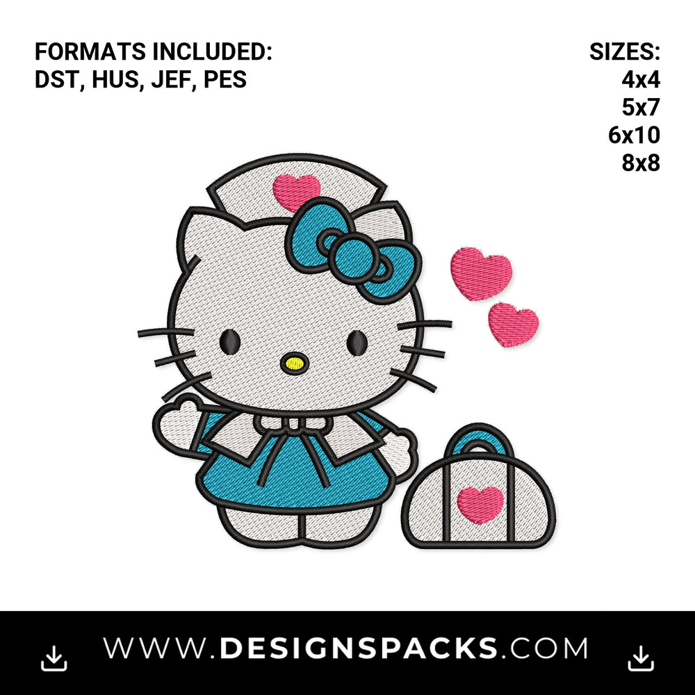 Nurse Kitty with Medical Bag Embroidery Design - Instant digital download pattern at Designspacks.com