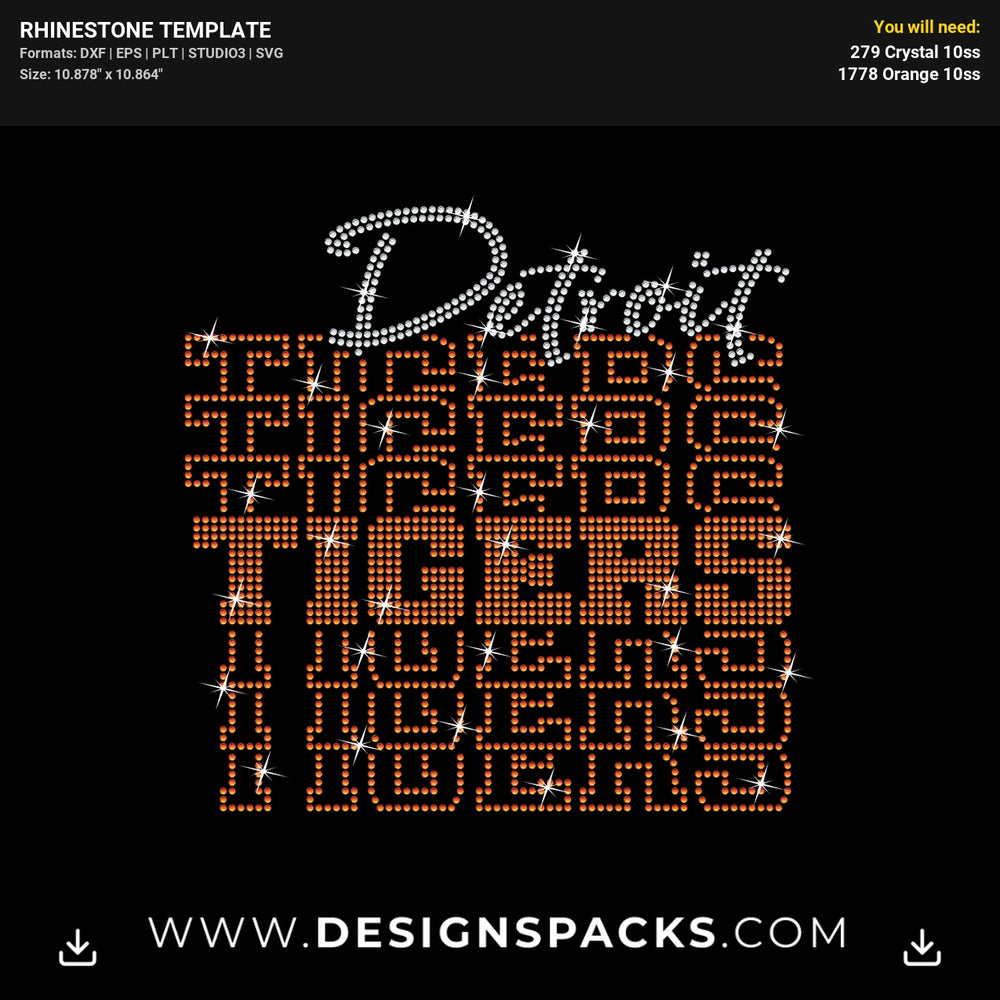 Detroit Tigers Stacked  Crystal Sports For Shirts Rhinestone Digital Template