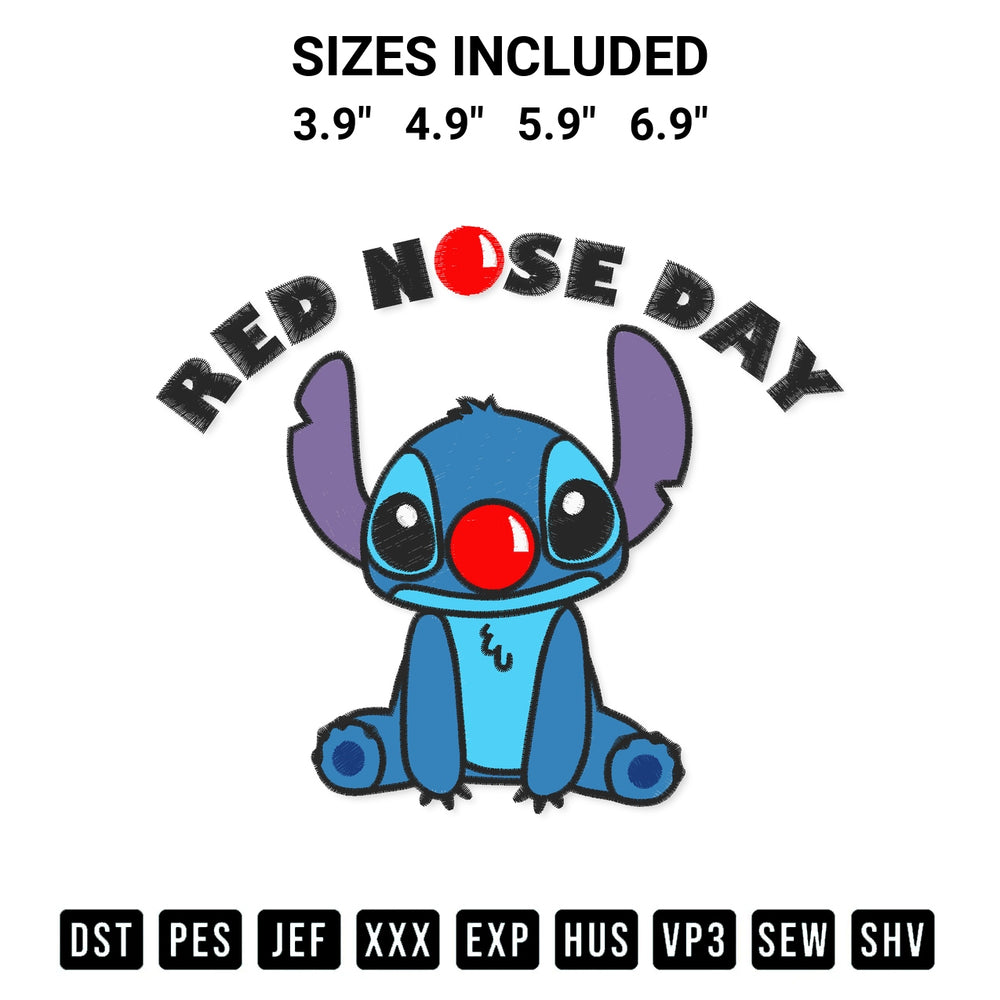 Transform your fabrics with the Red Nose Day Stitch Disney Embroidery Design embroidery design. Instant access to premium digitized patterns at Designspacks.com. Available sizes: 3.9", 4.9", 5.9", 6.9".
