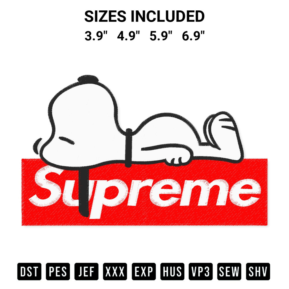Create amazing crafts with the Supreme Snoopy Sleep Embroidery Design embroidery file. High-quality digital download from Designspacks.com, perfect for beginners and pros. Available sizes: 3.9", 4.9", 5.9", 6.9".