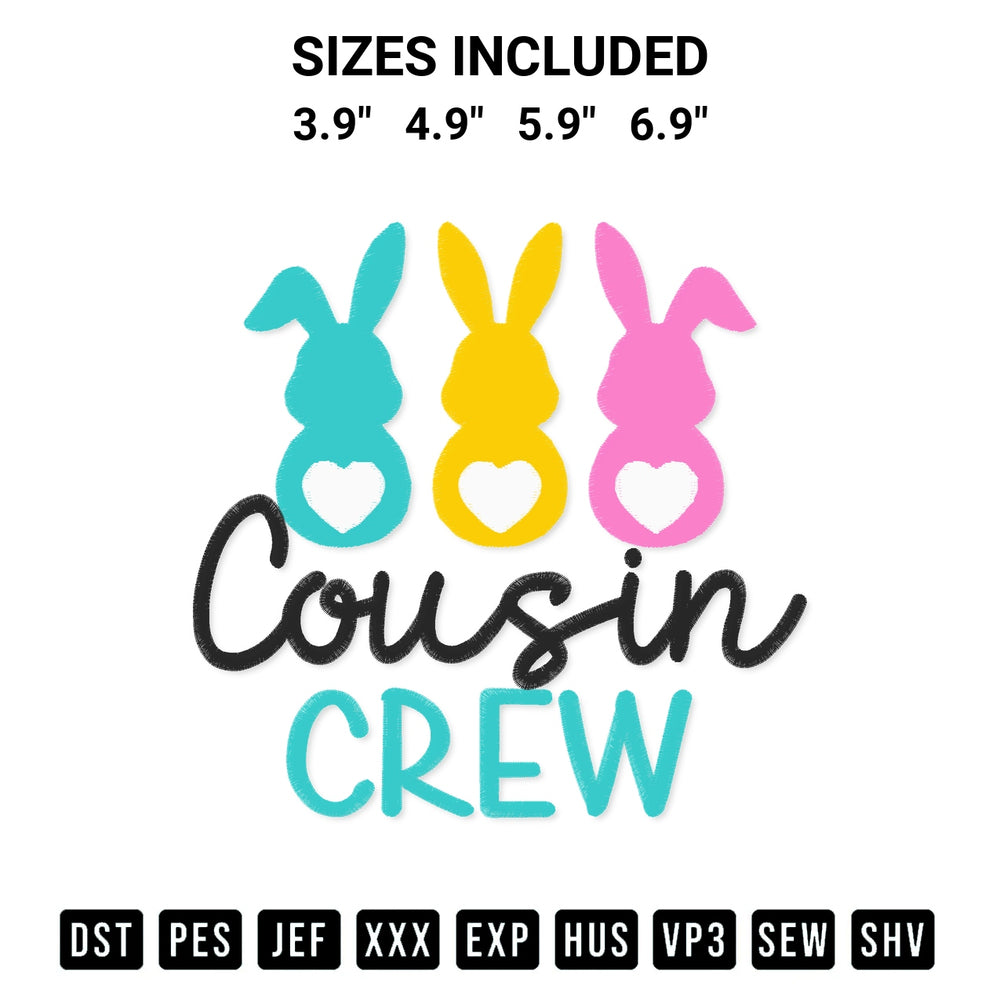 Stitch like a pro with the Cousin Crew Easter Embroidery Design embroidery pattern from Designspacks.com. High-quality digital machine embroidery file. Available sizes: 3.9", 4.9", 5.9", 6.9".