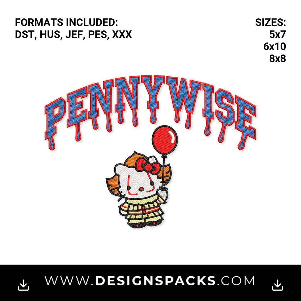 Pennywise Hello Kitty Halloween File Embroidery Design - Instant digital download pattern at Designspacks.com