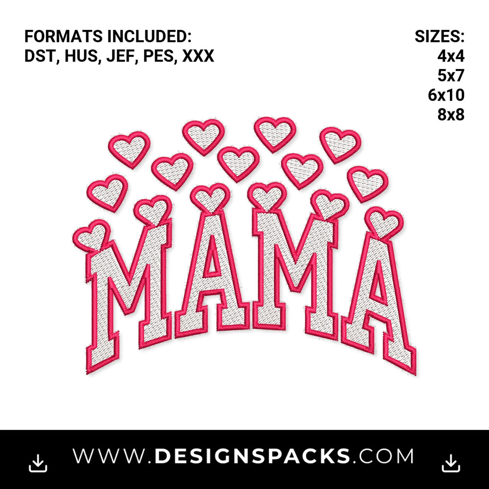 Pink Hearts Mama Varsity Lettering Embroidery Design - Instant digital download pattern at Designspacks.com