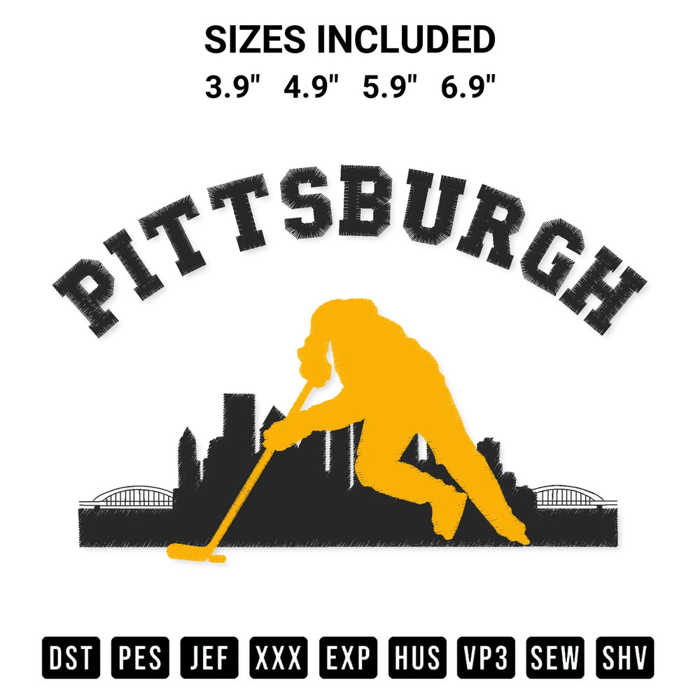 Add a unique touch to your apparel with the Pittsburgh Penguins Skyline Hockey Embroidery Design embroidery file. Premium instant download available now on Designspacks.com. Available sizes: 3.9", 4.9", 5.9", 6.9".
