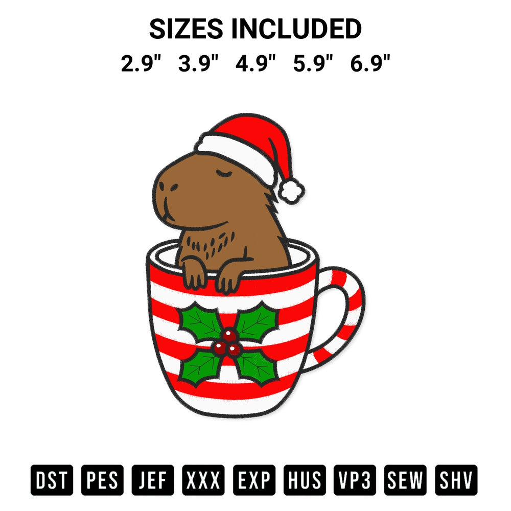 Create amazing crafts with the Christmas Capybara Santa Hat Cup Embroidery Design embroidery file. High-quality digital download from Designspacks.com, perfect for beginners and pros. Available sizes: 2.9", 3.9", 4.9", 5.9", 6.9".