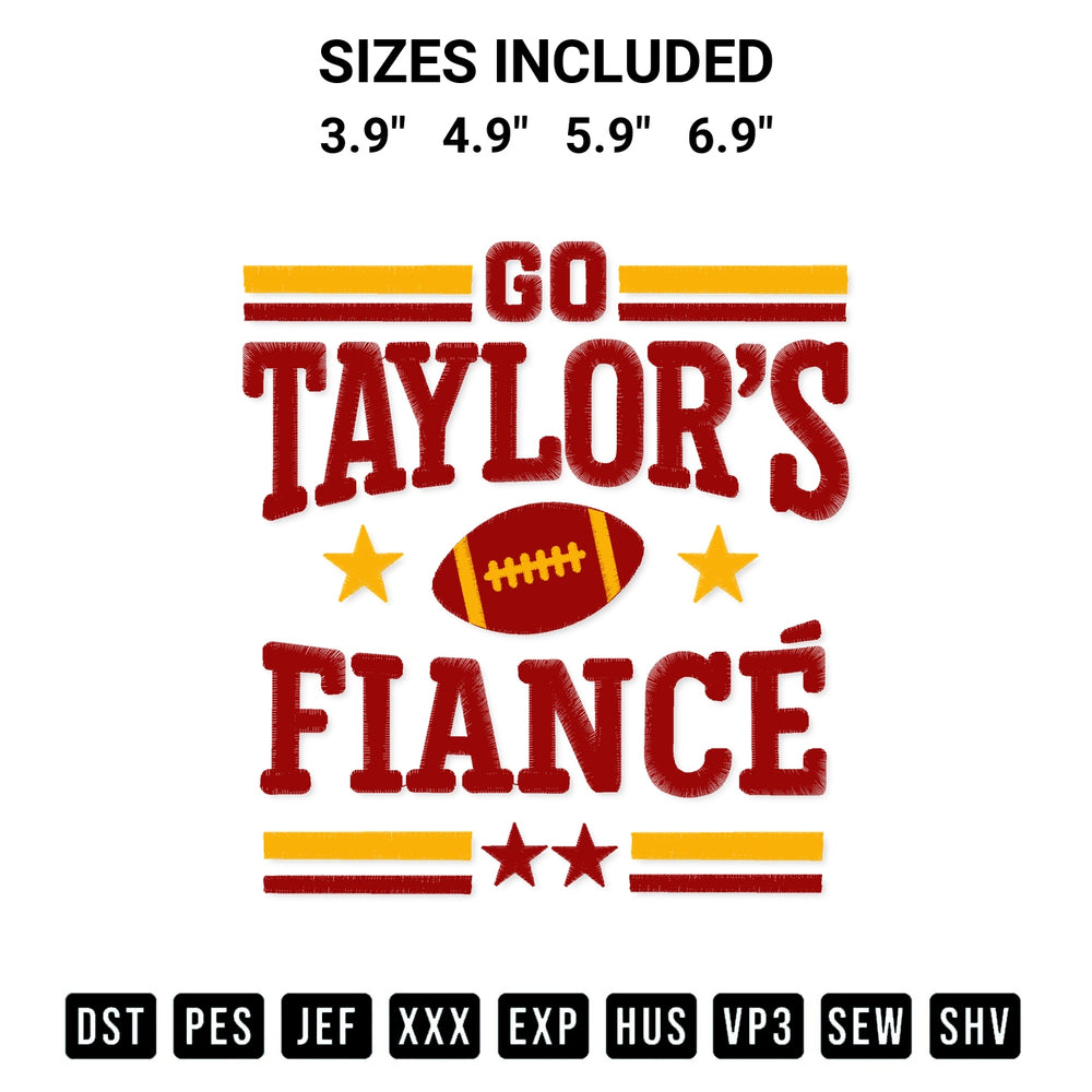 Elevate your next project with our Go Taylors Fiance Embroidery Design embroidery file. Shop high-quality digital patterns instantly at Designspacks.com. Available sizes: 3.9", 4.9", 5.9", 6.9".