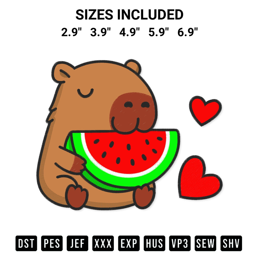 Download the Capybara Eating Watermelon Embroidery Design machine embroidery design exclusively at Designspacks.com. Premium digitized pattern for apparel and DIY crafts. Available sizes: 2.9", 3.9", 4.9", 5.9", 6.9".