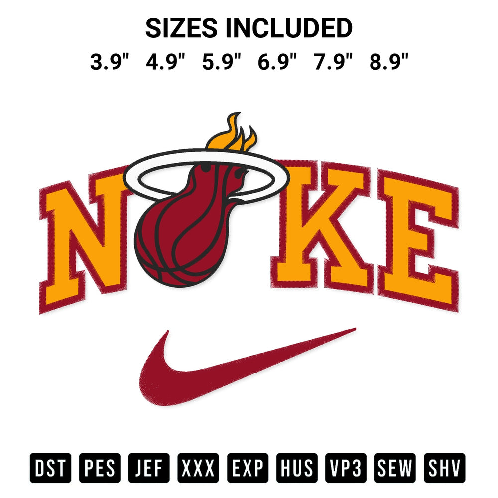 Discover the perfect addition to your crafting collection: Nike Miami Heat Embroidery Design embroidery file. Instantly available at Designspacks.com. Available sizes: 3.9", 4.9", 5.9", 6.9", 7.9", 8.9".
