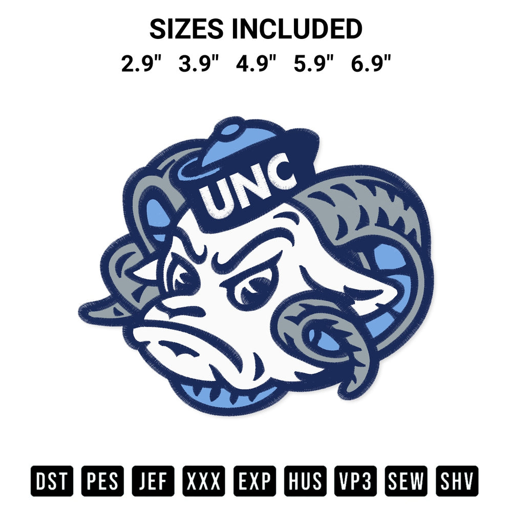 Discover the perfect addition to your crafting collection: North Carolina Tar Heels Mascot Logo Embroidery Design embroidery file. Instantly available at Designspacks.com. Available sizes: 2.9", 3.9", 4.9", 5.9", 6.9".