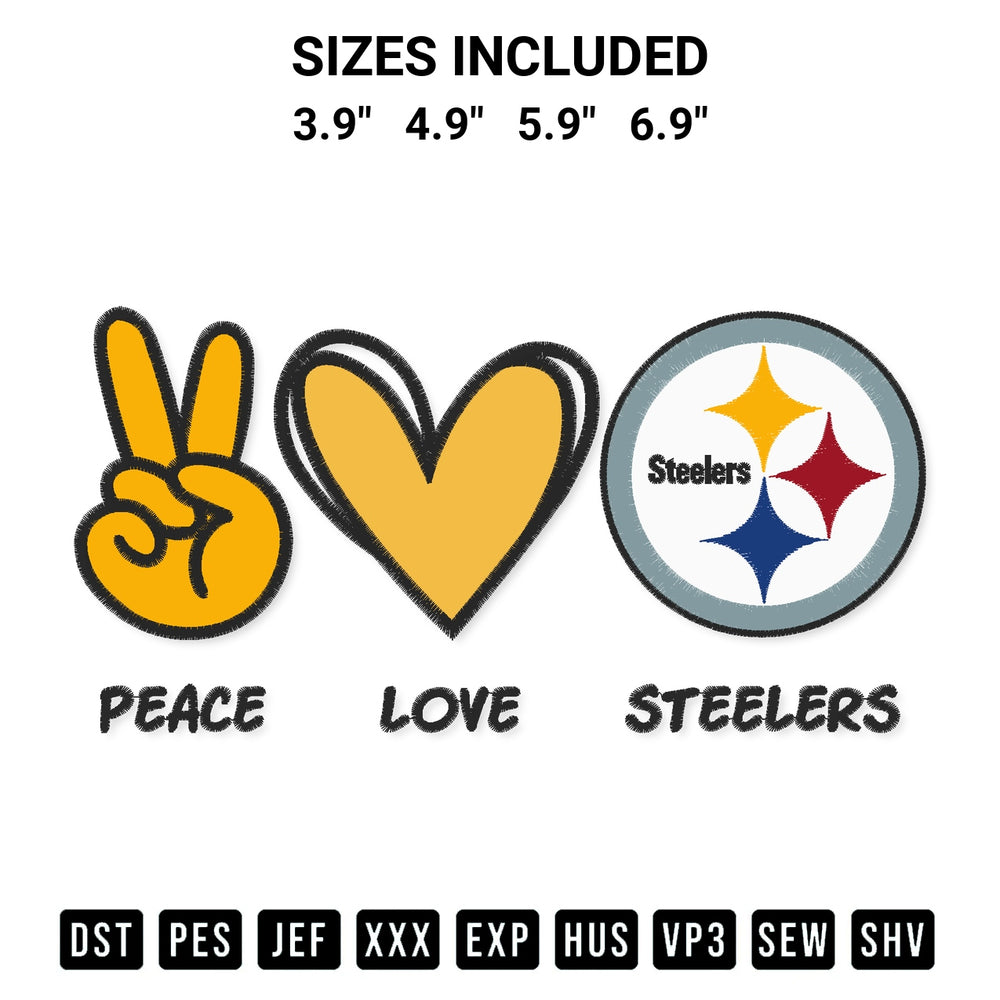 Download the Peace Love Pittsburgh Steelers Embroidery Design machine embroidery design exclusively at Designspacks.com. Premium digitized pattern for apparel and DIY crafts. Available sizes: 3.9", 4.9", 5.9", 6.9".