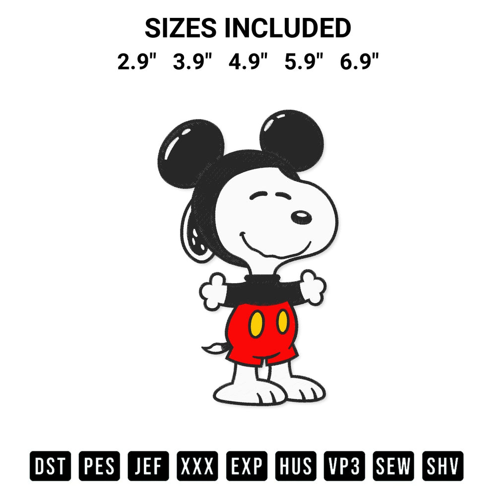 Download the Snoopy As Mickey Mouse Embroidery Design machine embroidery design exclusively at Designspacks.com. Premium digitized pattern for apparel and DIY crafts. Available sizes: 2.9", 3.9", 4.9", 5.9", 6.9".
