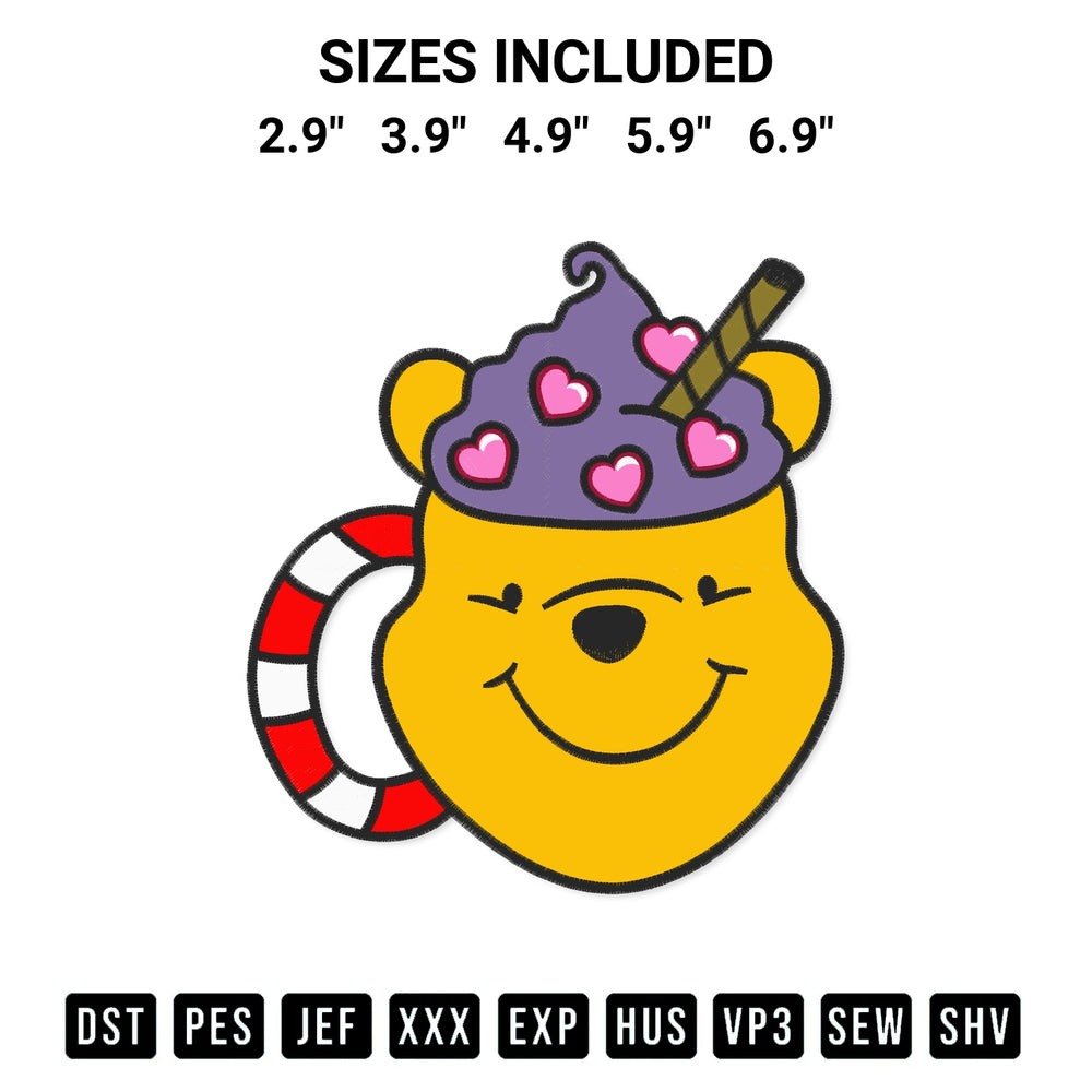 Discover the perfect addition to your crafting collection: Food Drink Pooh Valentine Embroidery Design embroidery file. Instantly available at Designspacks.com. Available sizes: 2.9", 3.9", 4.9", 5.9", 6.9".