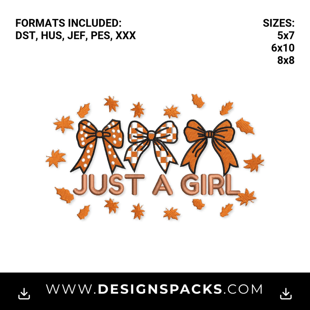 Just A Girl Fall Bows with Leaves Embroidery Design - Instant digital download pattern at Designspacks.com