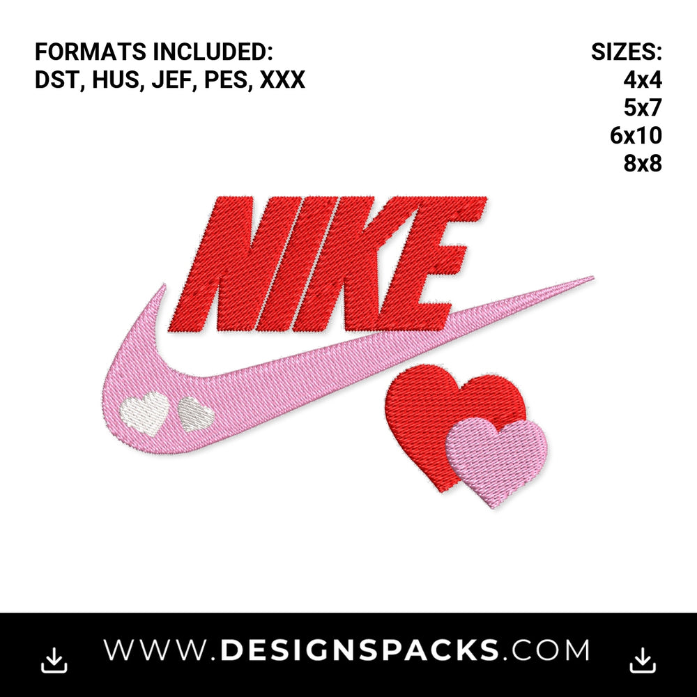 Nike Swoosh Pink Valentine Hearts Embroidery Design - Instant digital download pattern at Designspacks.com