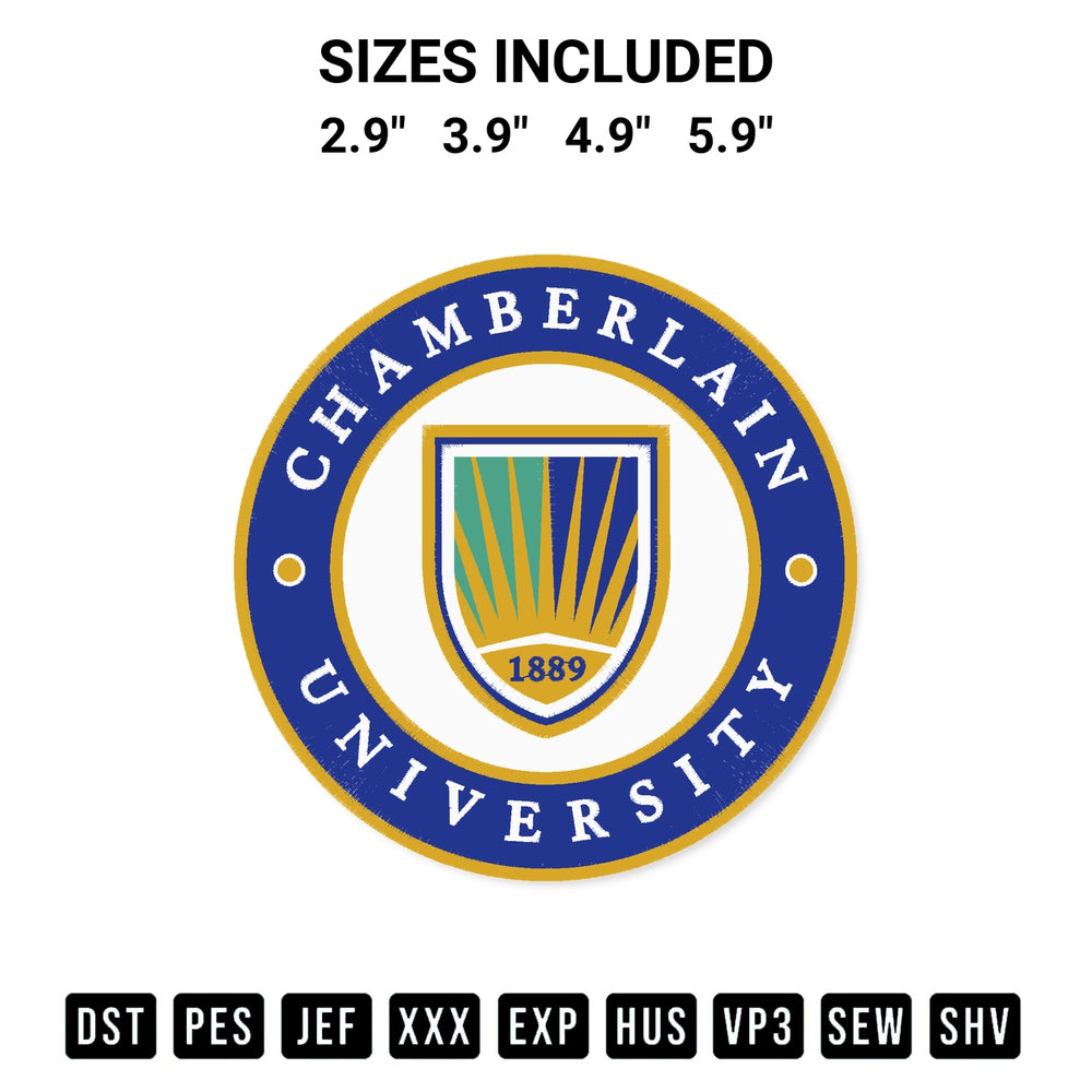 Transform your fabrics with the Chamberlain University Embroidery Design embroidery design. Instant access to premium digitized patterns at Designspacks.com. Available sizes: 2.9", 3.9", 4.9", 5.9".