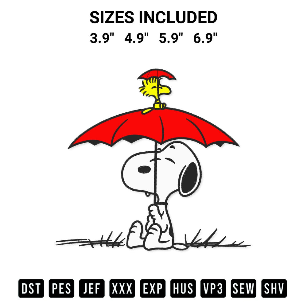 Get the Snoopy And Woodstock In The Rain Embroidery Design embroidery design for your custom crafts! Premium digitized files available for instant download at Designspacks.com. Available sizes: 3.9", 4.9", 5.9", 6.9".