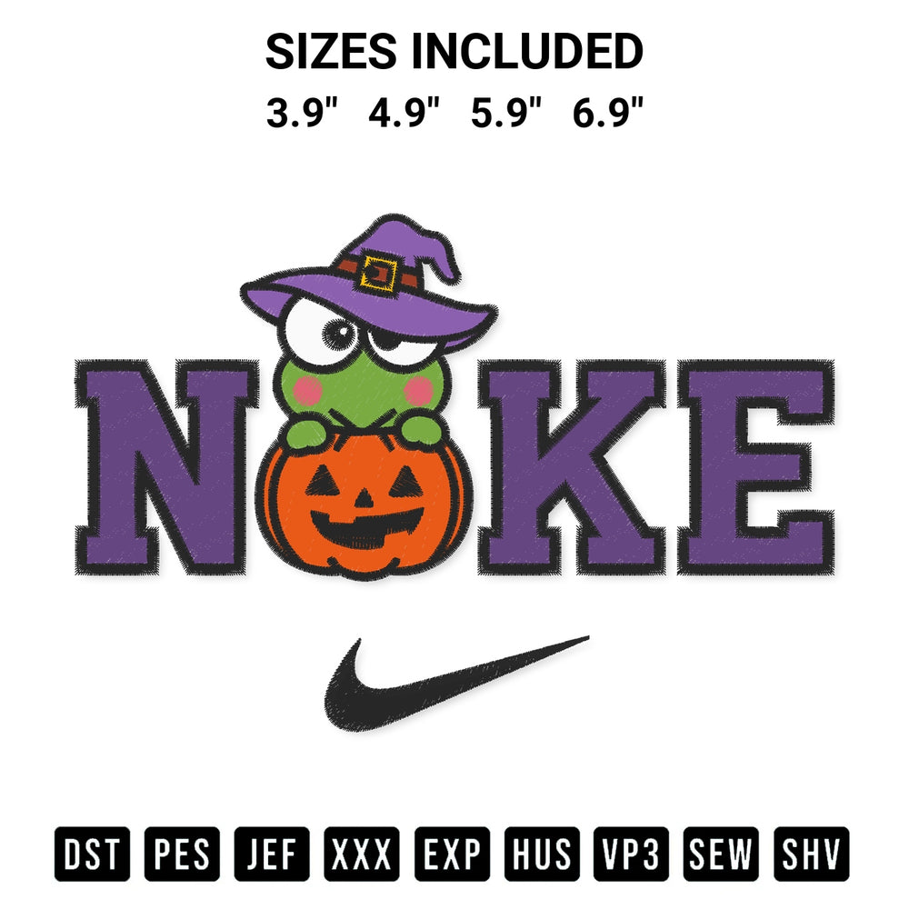 Create amazing crafts with the Nike Keroppi Pumpkin Embroidery Design embroidery file. High-quality digital download from Designspacks.com, perfect for beginners and pros. Available sizes: 3.9", 4.9", 5.9", 6.9".