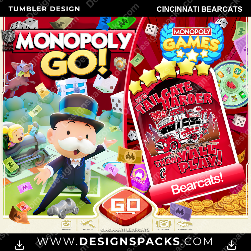 College Sport Monopoly Go! Cincinnati Bearcats NCAA College Sport Tumbler Digital Wrap Design Download
