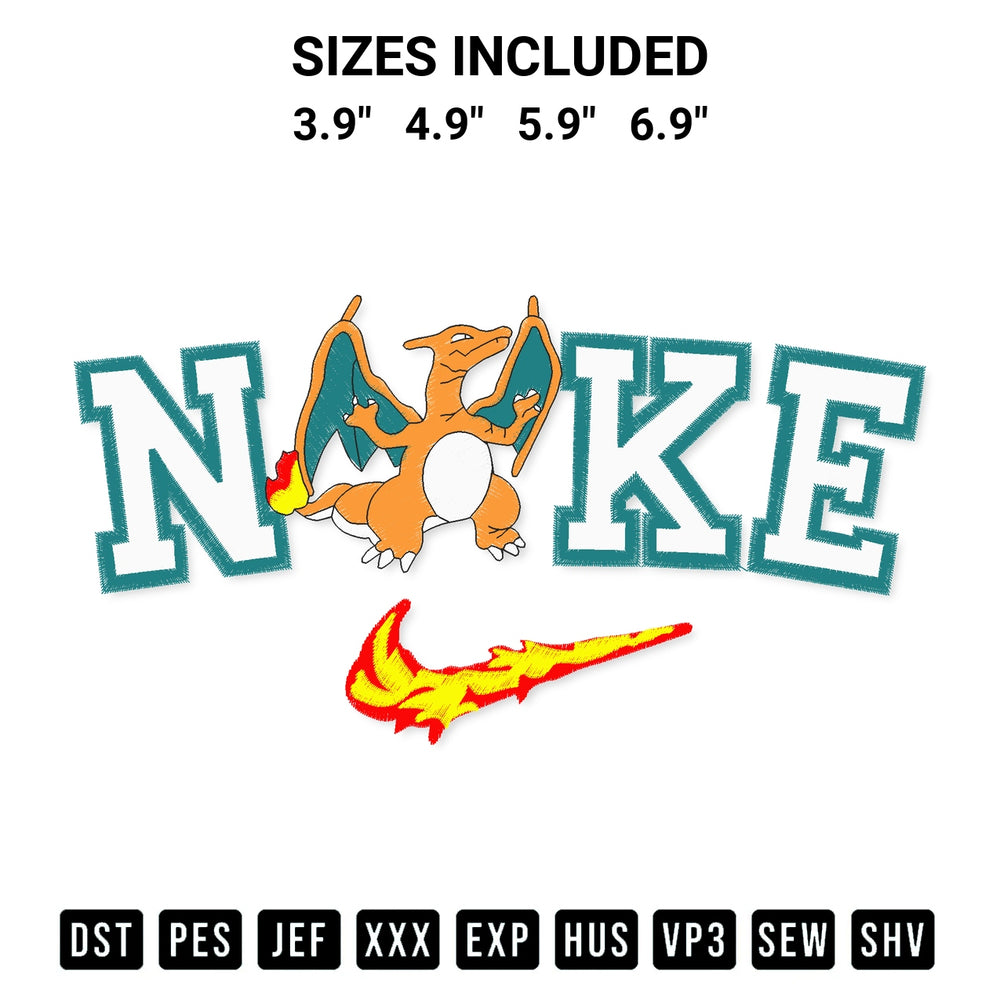 Looking for the perfect pattern? Download the Pokemon Charizard Nike Embroidery Design embroidery design today at Designspacks.com. Crisp, clean stitching guaranteed. Available sizes: 3.9", 4.9", 5.9", 6.9".