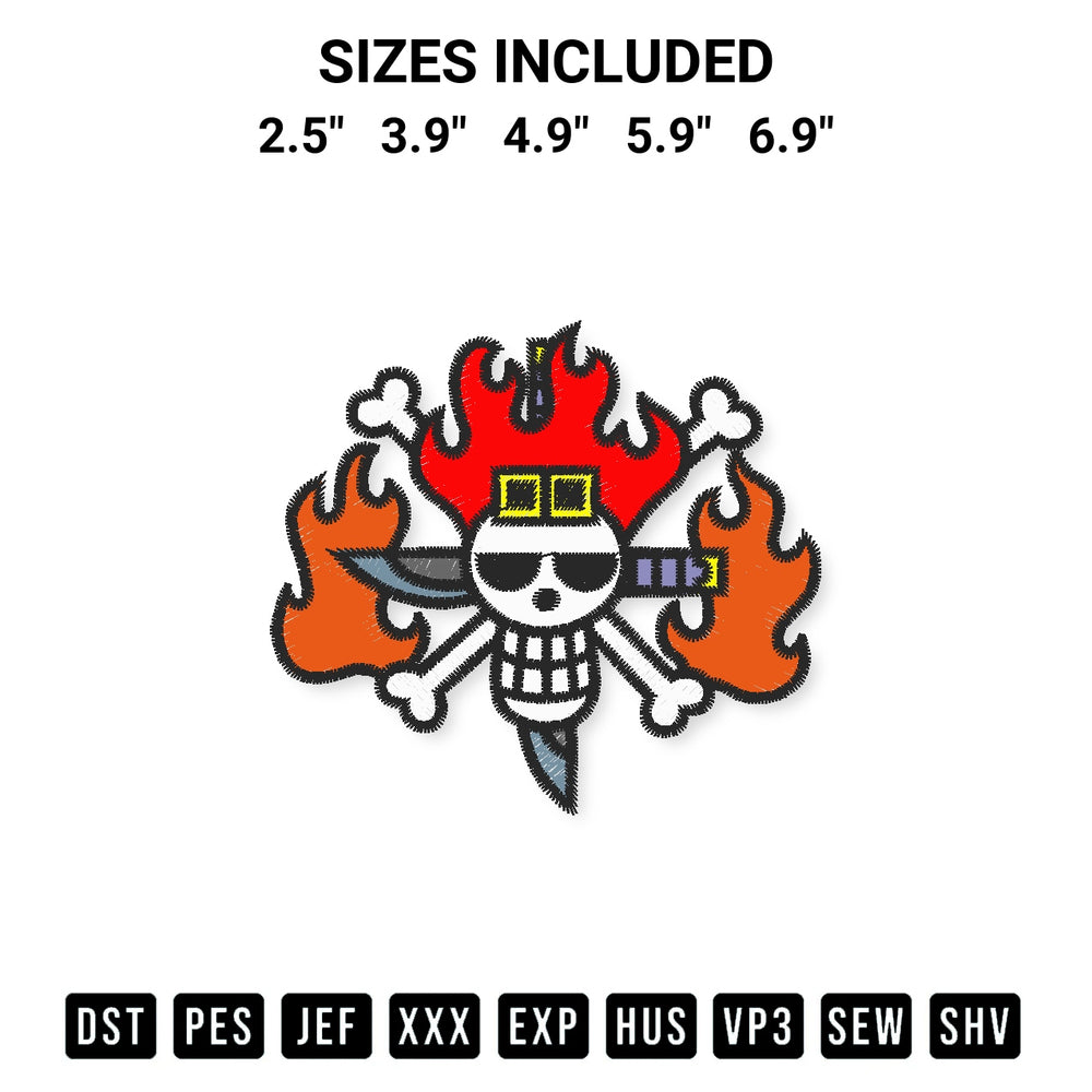 Get the Eustass Kid Jolly Roger Embroidery Design embroidery design for your custom crafts! Premium digitized files available for instant download at Designspacks.com. Available sizes: 2.5", 3.9", 4.9", 5.9", 6.9".