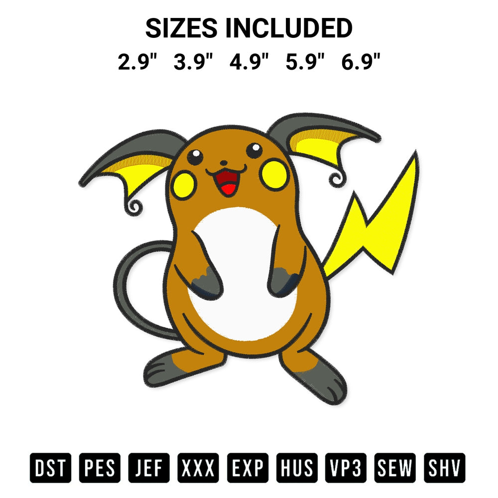 Transform your fabrics with the Raichu Pokemon Embroidery Design embroidery design. Instant access to premium digitized patterns at Designspacks.com. Available sizes: 2.9", 3.9", 4.9", 5.9", 6.9".