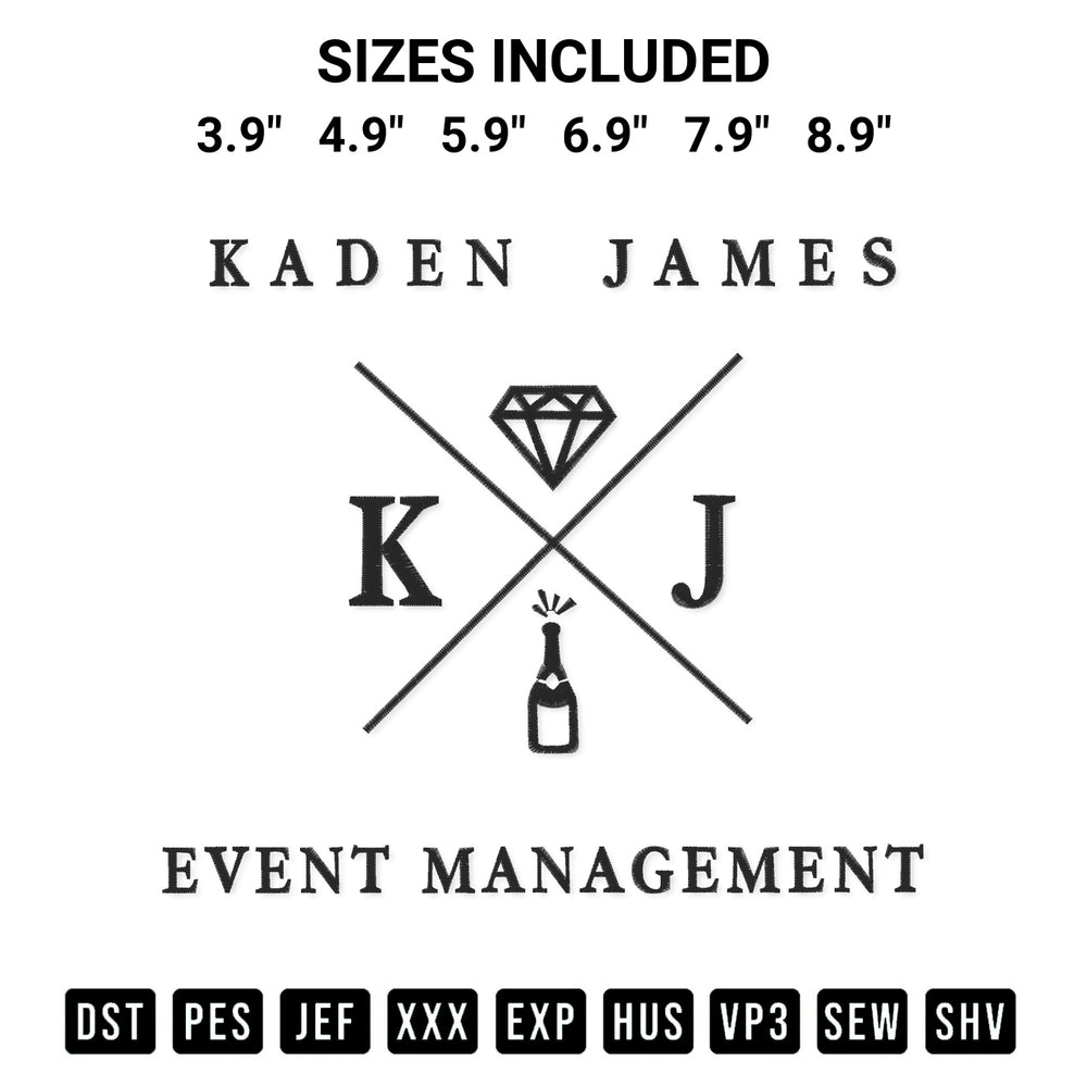 Transform your fabrics with the Kaden James Event Management Embroidery Design embroidery design. Instant access to premium digitized patterns at Designspacks.com. Available sizes: 3.9", 4.9", 5.9", 6.9", 7.9", 8.9".