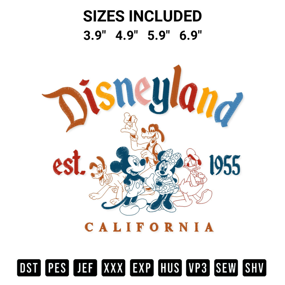 Transform your fabrics with the Disneyland Est 1955 Embroidery Design embroidery design. Instant access to premium digitized patterns at Designspacks.com. Available sizes: 3.9", 4.9", 5.9", 6.9".