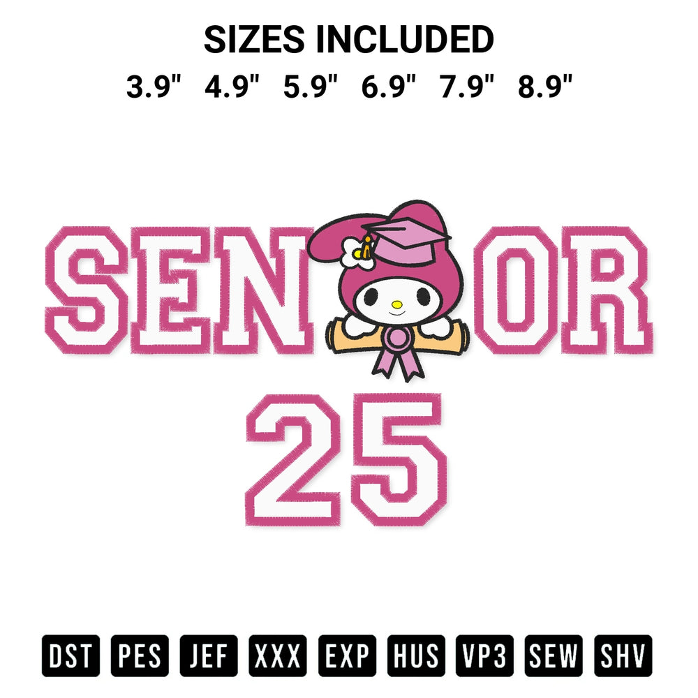 Add a unique touch to your apparel with the Senior My Melody 25 Embroidery Design embroidery file. Premium instant download available now on Designspacks.com. Available sizes: 3.9", 4.9", 5.9", 6.9", 7.9", 8.9".