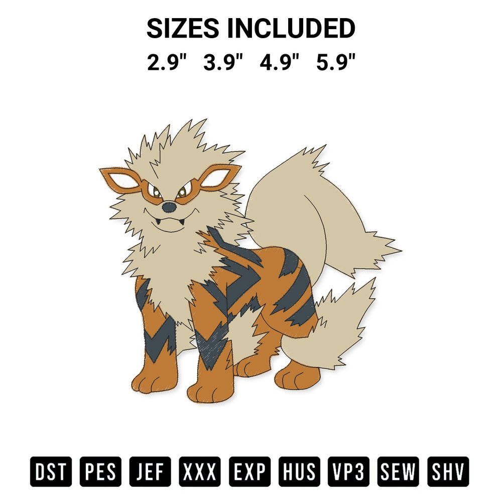 Discover the perfect addition to your crafting collection: Arcanine Pokemon Embroidery Design embroidery file. Instantly available at Designspacks.com. Available sizes: 2.9", 3.9", 4.9", 5.9".