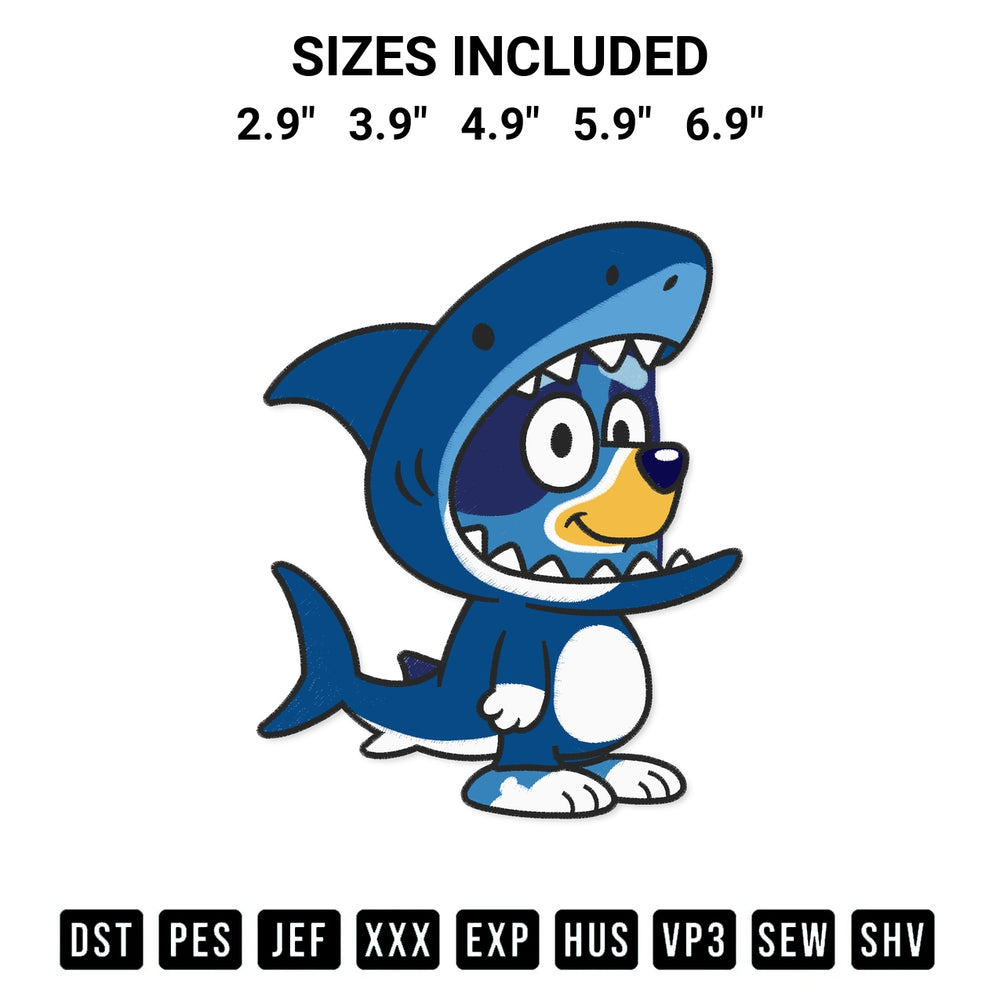 Shop the Bluey Shark Costume Embroidery Design machine embroidery pattern at Designspacks.com. Beautifully digitized for flawless stitching on any fabric. Available sizes: 2.9", 3.9", 4.9", 5.9", 6.9".