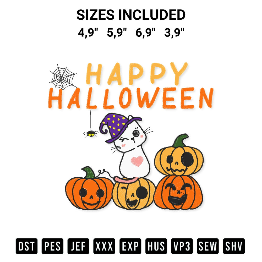 Shop the Happy Halloween Cute Cat Witch Pumpkin Cool Kids Halloween Gift Logo Embroidery Design machine embroidery pattern at Designspacks.com. Beautifully digitized for flawless stitching on any fabric. Available sizes: 4,9", 5,9", 6,9", 3,9".