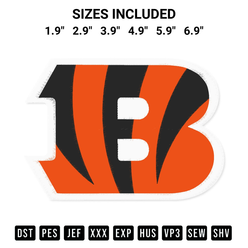 Transform your fabrics with the Cincinnati Bengals Logo Embroidery Design embroidery design. Instant access to premium digitized patterns at Designspacks.com. Available sizes: 1.9", 2.9", 3.9", 4.9", 5.9", 6.9".