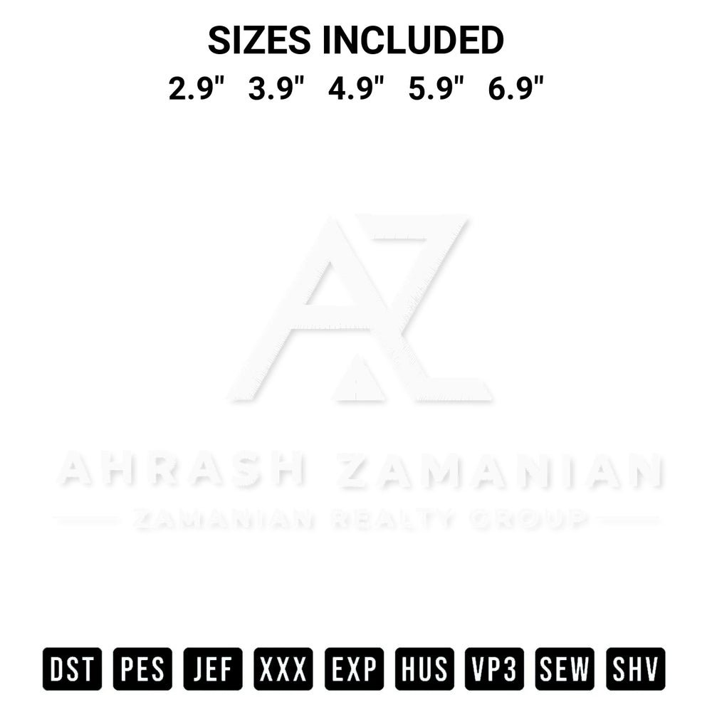 Transform your fabrics with the Ahrash Zamanian Logo Embroidery Design embroidery design. Instant access to premium digitized patterns at Designspacks.com. Available sizes: 2.9", 3.9", 4.9", 5.9", 6.9".