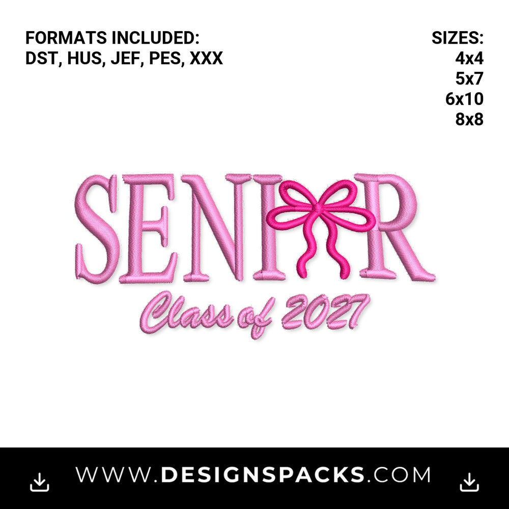 Senior Class of 2027 Pink Bow Embroidery Design - Instant digital download pattern at Designspacks.com