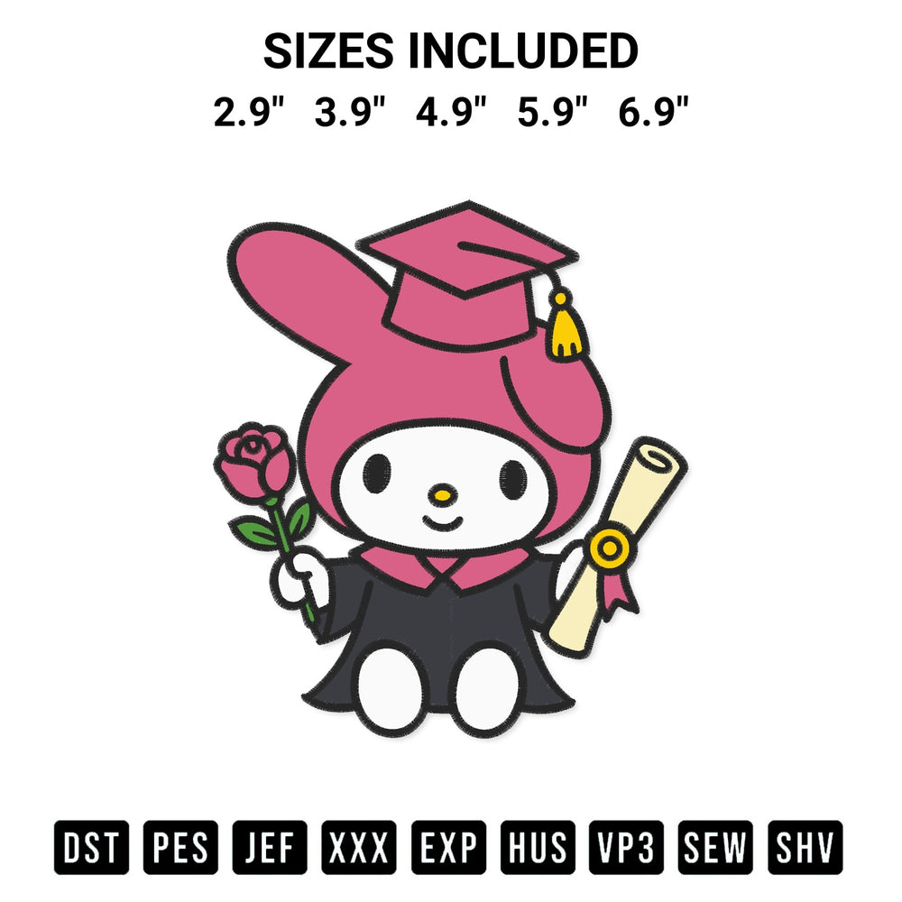 Download the My Melody Flower And Grad Cap Embroidery Design machine embroidery design exclusively at Designspacks.com. Premium digitized pattern for apparel and DIY crafts. Available sizes: 2.9", 3.9", 4.9", 5.9", 6.9".