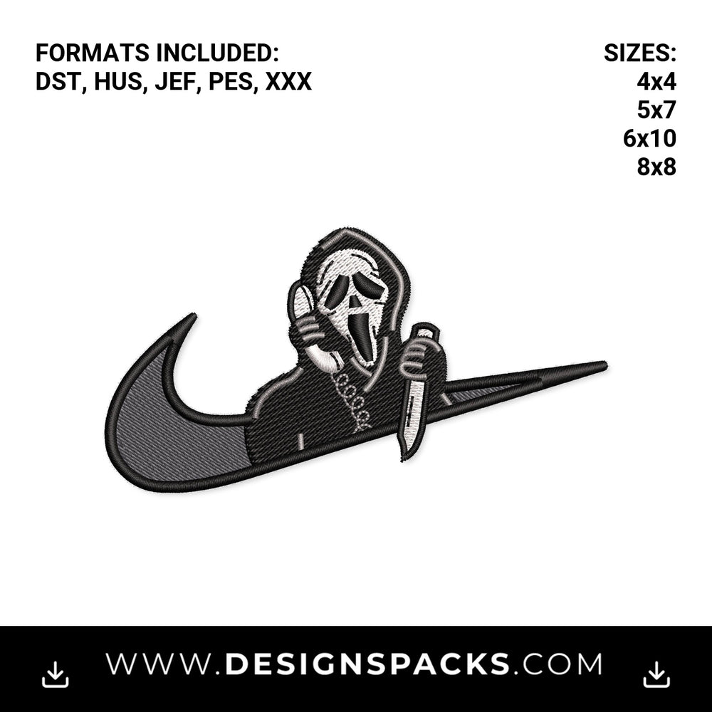 Scream Ghostface Phone Swoosh Embroidery Design - Instant digital download pattern at Designspacks.com