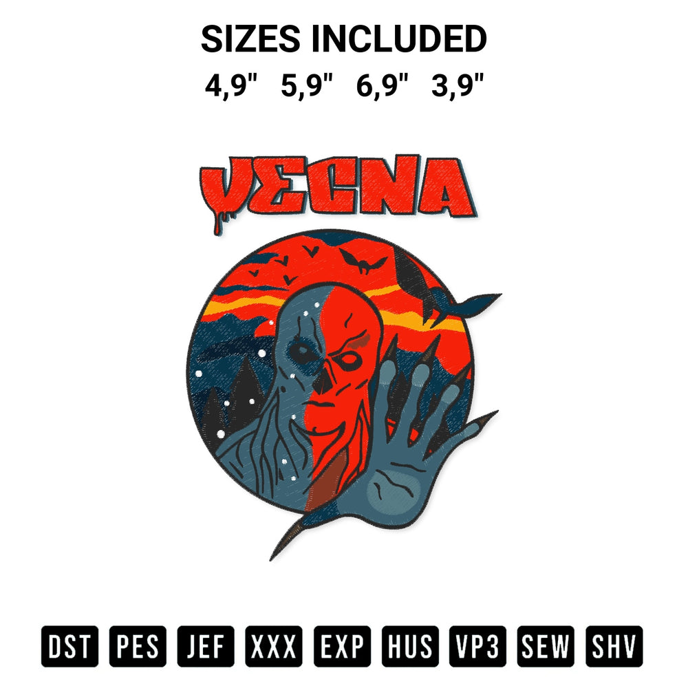 Transform your fabrics with the Vecna Stranger Things Season 4 Tv Series Logo Embroidery Design embroidery design. Instant access to premium digitized patterns at Designspacks.com. Available sizes: 4,9", 5,9", 6,9", 3,9".