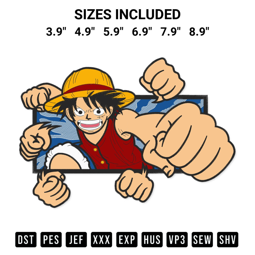 Download the Angry Luffy Punch Embroidery Design machine embroidery design exclusively at Designspacks.com. Premium digitized pattern for apparel and DIY crafts. Available sizes: 3.9", 4.9", 5.9", 6.9", 7.9", 8.9".