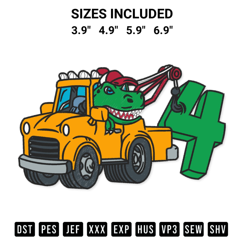 Elevate your next project with our 4Th Birthday Tow Truck Dinosaur Embroidery Design embroidery file. Shop high-quality digital patterns instantly at Designspacks.com. Available sizes: 3.9", 4.9", 5.9", 6.9".