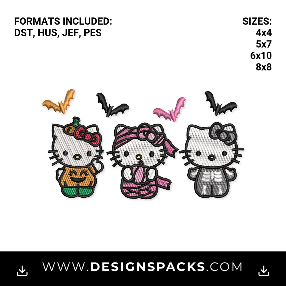 Hello Kitty Halloween Costumes with Bats Embroidery Design - Instant digital download pattern at Designspacks.com