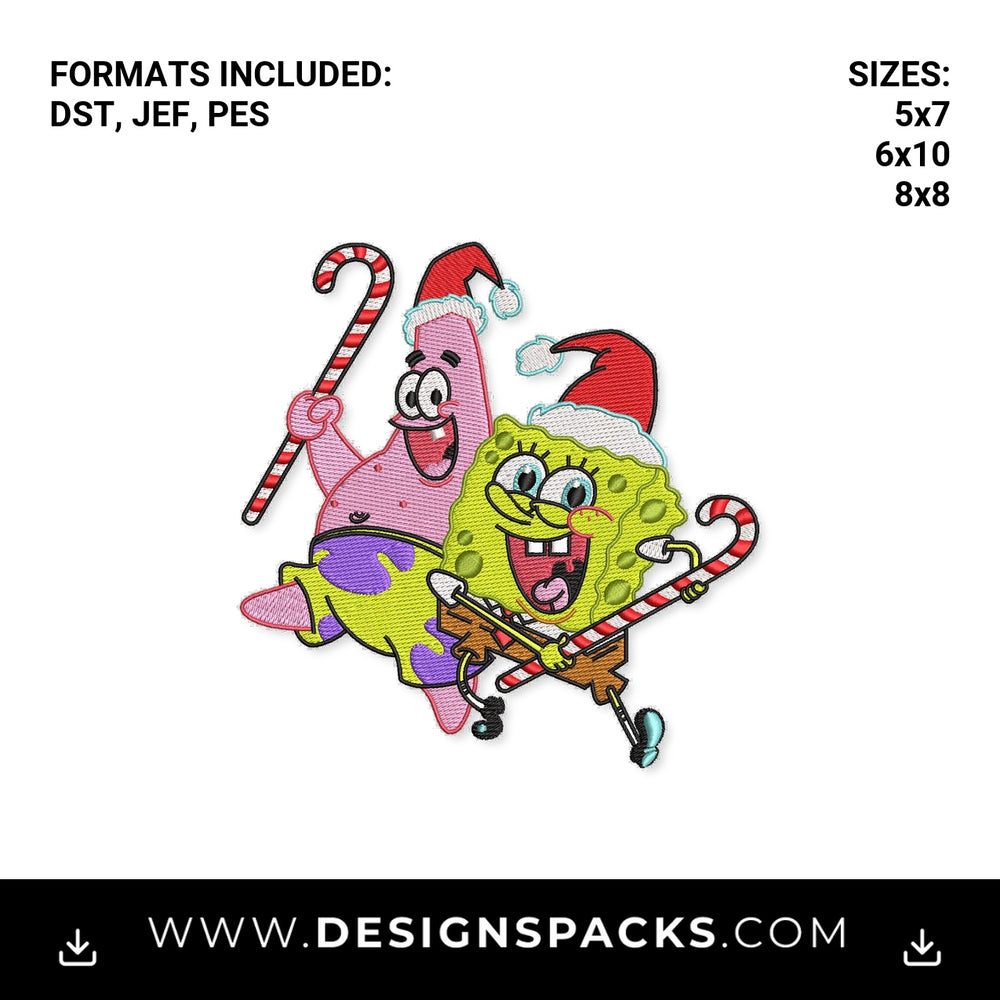 SpongeBob & Patrick Christmas Candy Canes Embroidery Design - Instant digital download pattern at Designspacks.com