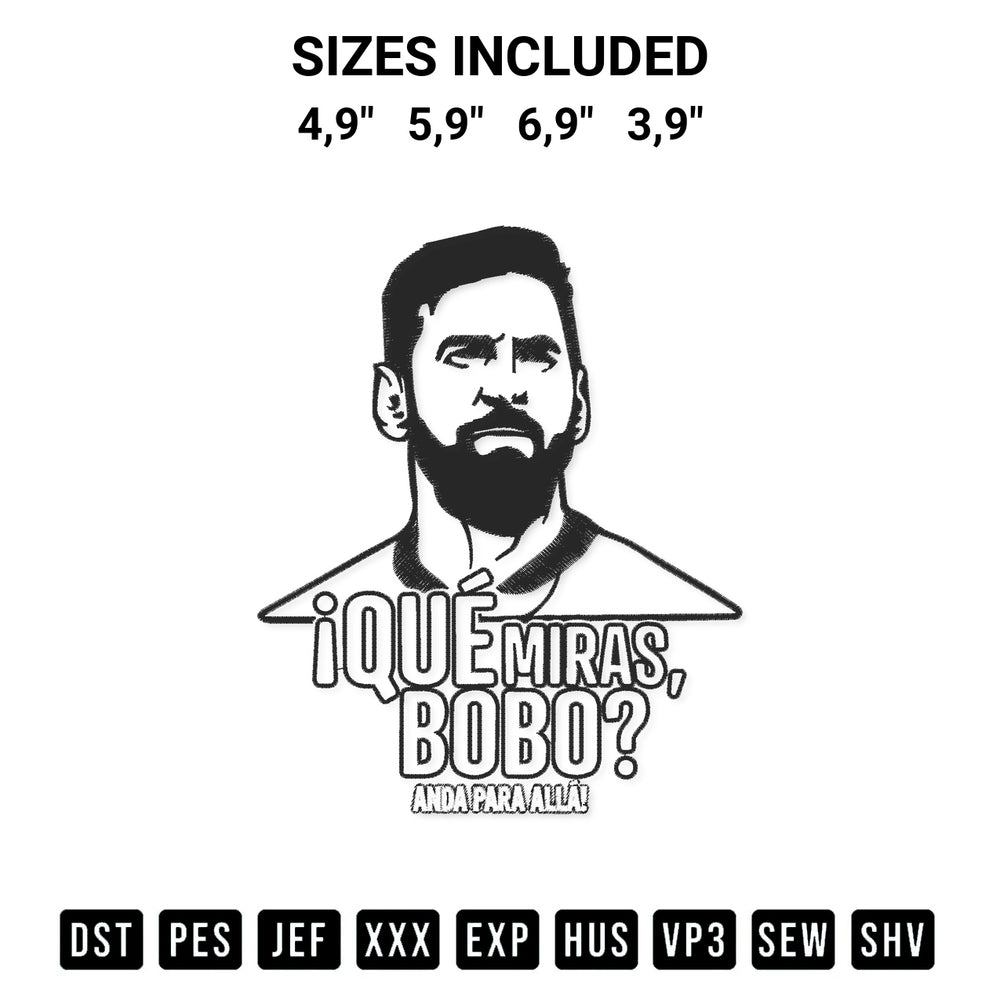 Shop the Que Miras Bobo Anda Para Alla Messi M10 Lionel Messi Embroidery Design machine embroidery pattern at Designspacks.com. Beautifully digitized for flawless stitching on any fabric. Available sizes: 4,9", 5,9", 6,9", 3,9".