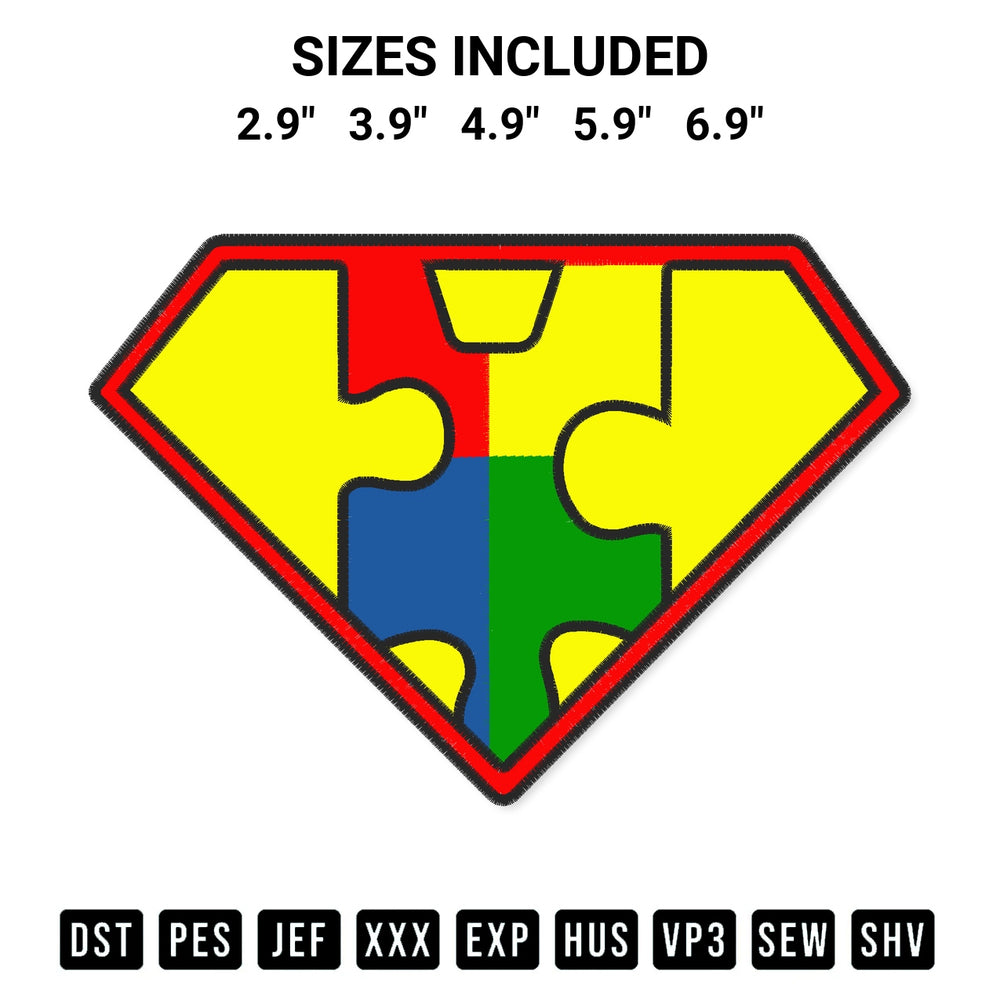 Download the Superman Autism Embroidery Design machine embroidery design exclusively at Designspacks.com. Premium digitized pattern for apparel and DIY crafts. Available sizes: 2.9", 3.9", 4.9", 5.9", 6.9".